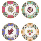 Lot de 4 petites assiettes à dessert à motifs colorés et humoristiques de la gamme Reine d'Angleterre signées Valérie Nylin pour Derrière la porte