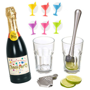 Lot avec une bouteille champagne Confettis, un coffret à cocktail Mojito et des marque-verre de La Chaise Longue 