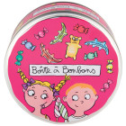 Boite ronde en métal rose avec des motifs de bonbons et deux enfants pour conserver les bonbons de la marque Derrière la Porte