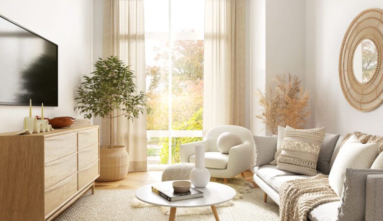 salon moderne et épuré dans un petit espace : des murs clairs, des meubles flottants et modulables, des miroirs reflétant la lumière, des rideaux longs et légers