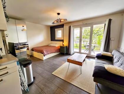 studio moderne bien agencé, où l’on peut voir un coin salon et un coin chambre délimités par un joli tapis, des meubles multifonctionnels comme un canapé-lit ou une table extensible