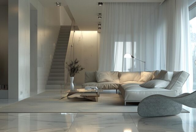 espace de vie moderne, spacieux et épuré, avec des éléments de design inclusif tels que des rampes d’accès élégantes, des meubles ergonomiques et des espaces ouverts et fluides