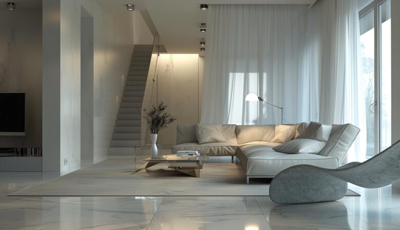 espace de vie moderne, spacieux et épuré, avec des éléments de design inclusif tels que des rampes d’accès élégantes, des meubles ergonomiques et des espaces ouverts et fluides