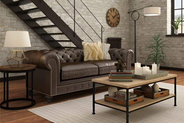 salon moderne avec un canapé en cuir patiné, une table basse industrielle en métal et bois