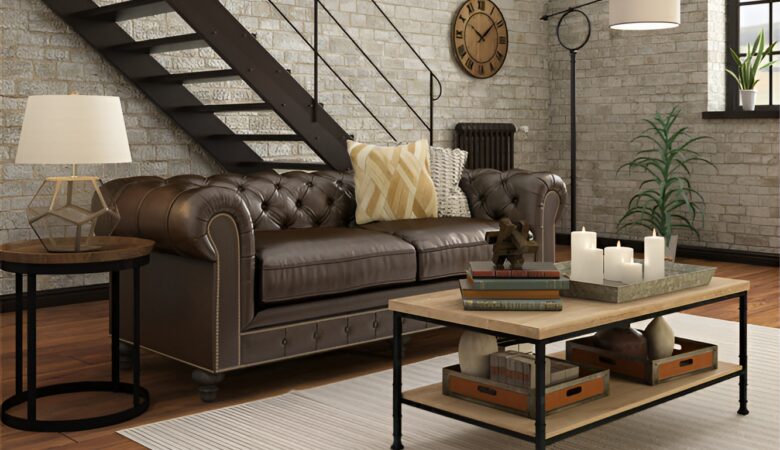 salon moderne avec un canapé en cuir patiné, une table basse industrielle en métal et bois