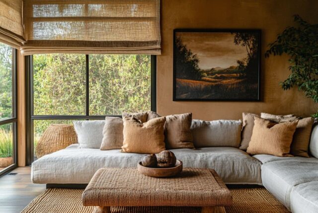 Un salon chaleureux et moderne, avec un canapé aux coussins en lin recyclé, une grande table basse en bois ancien, un tapis en jute, quelques objets déco chinés.