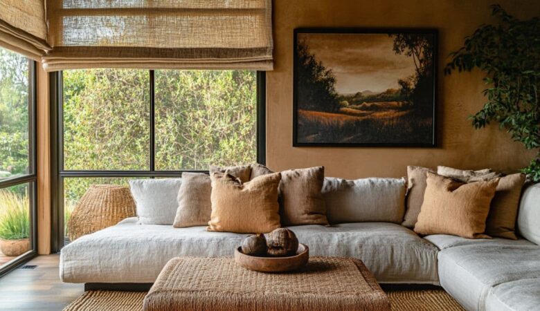 Un salon chaleureux et moderne, avec un canapé aux coussins en lin recyclé, une grande table basse en bois ancien, un tapis en jute, quelques objets déco chinés.