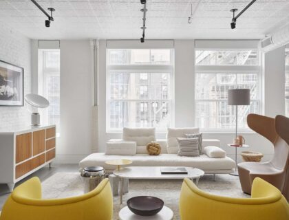 Un séjour lumineux et épuré avec de grands espaces de circulation, un canapé à assise haute, des meubles bas aux bords arrondis, un tapis antidérapant aux teintes naturelles, une plante verte dans un coin.