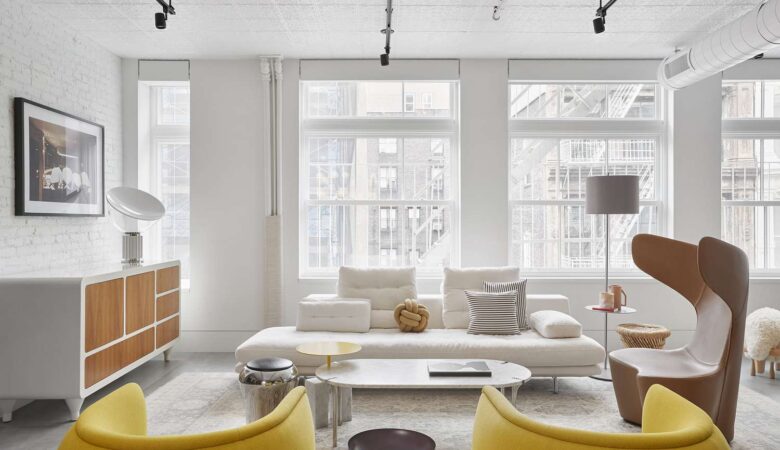 Un séjour lumineux et épuré avec de grands espaces de circulation, un canapé à assise haute, des meubles bas aux bords arrondis, un tapis antidérapant aux teintes naturelles, une plante verte dans un coin.