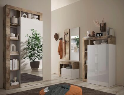 hall lumineux et moderne : au premier plan, un meuble à chaussures blanc brillant