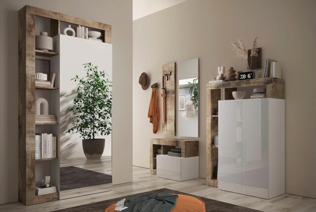 hall lumineux et moderne : au premier plan, un meuble à chaussures blanc brillant