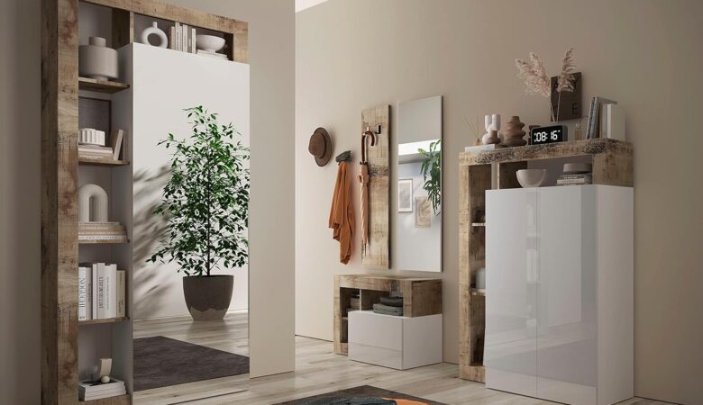 hall lumineux et moderne : au premier plan, un meuble à chaussures blanc brillant