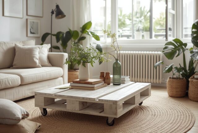 au centre, une table basse en palettes légèrement blanchies, sur roulettes noires, décorée de livres et d’un vase en céramique