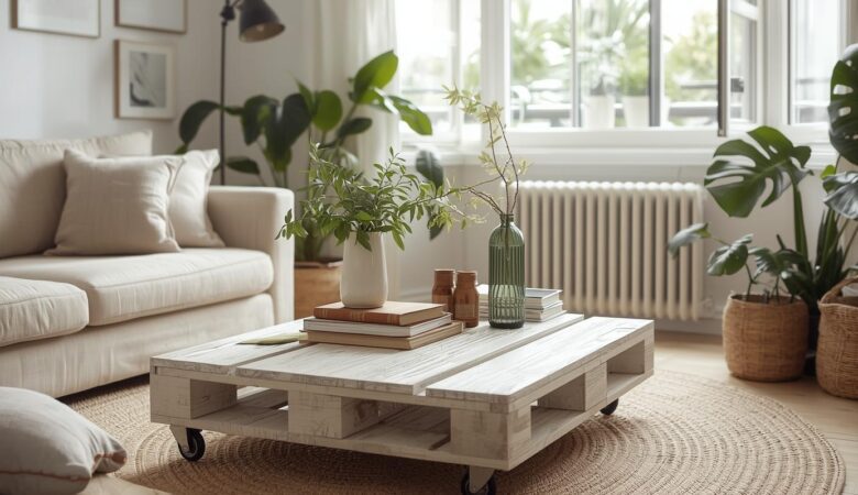 au centre, une table basse en palettes légèrement blanchies, sur roulettes noires, décorée de livres et d’un vase en céramique