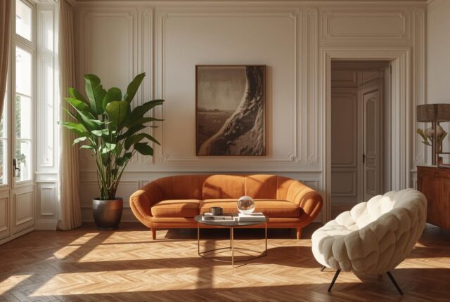 salon lumineux style haussmannien moderne avec parquet en point de Hongrie, moulures murales, canapé arrondi couleur terracotta années 70