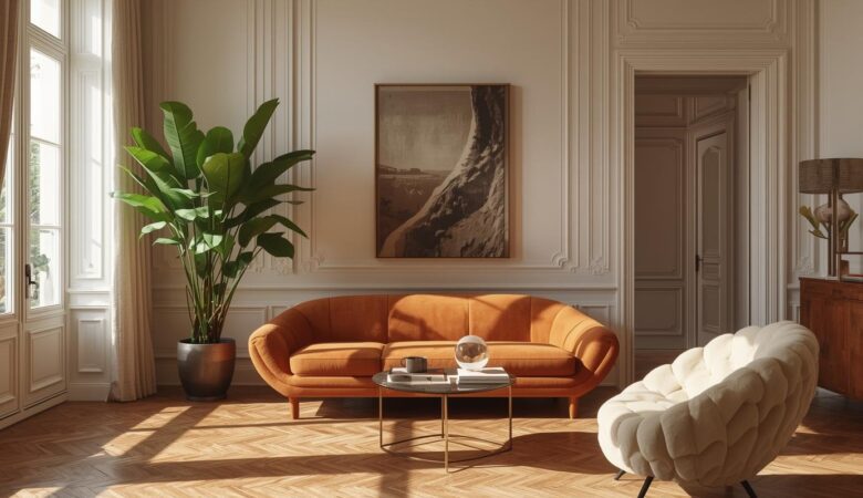 salon lumineux style haussmannien moderne avec parquet en point de Hongrie, moulures murales, canapé arrondi couleur terracotta années 70